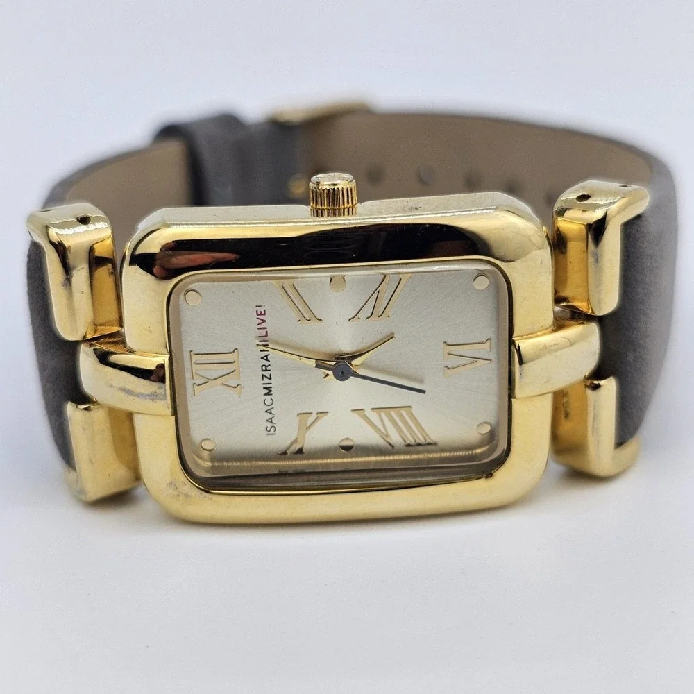 Issac Mizrahi Live Watch Women 24MM Gold Dial‎ Gray Leather Bands New Battery